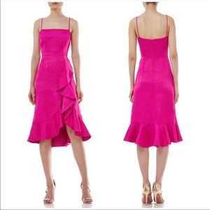 Amur Ashley Ruffle Linen Blend Midi Dress in Hot Pink sz 0